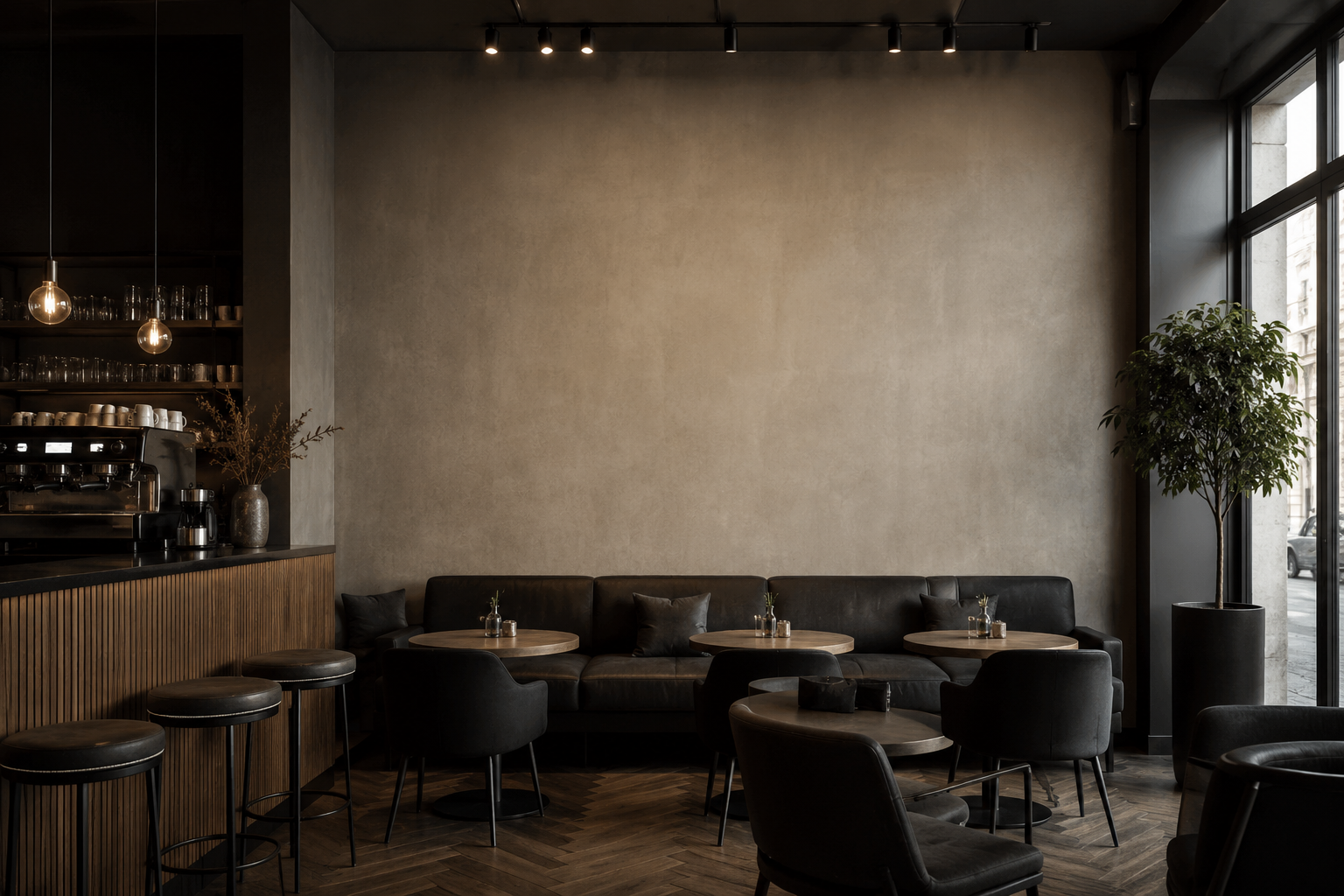 Leere Wand vor dem Direktdruck — Café-Innenraum